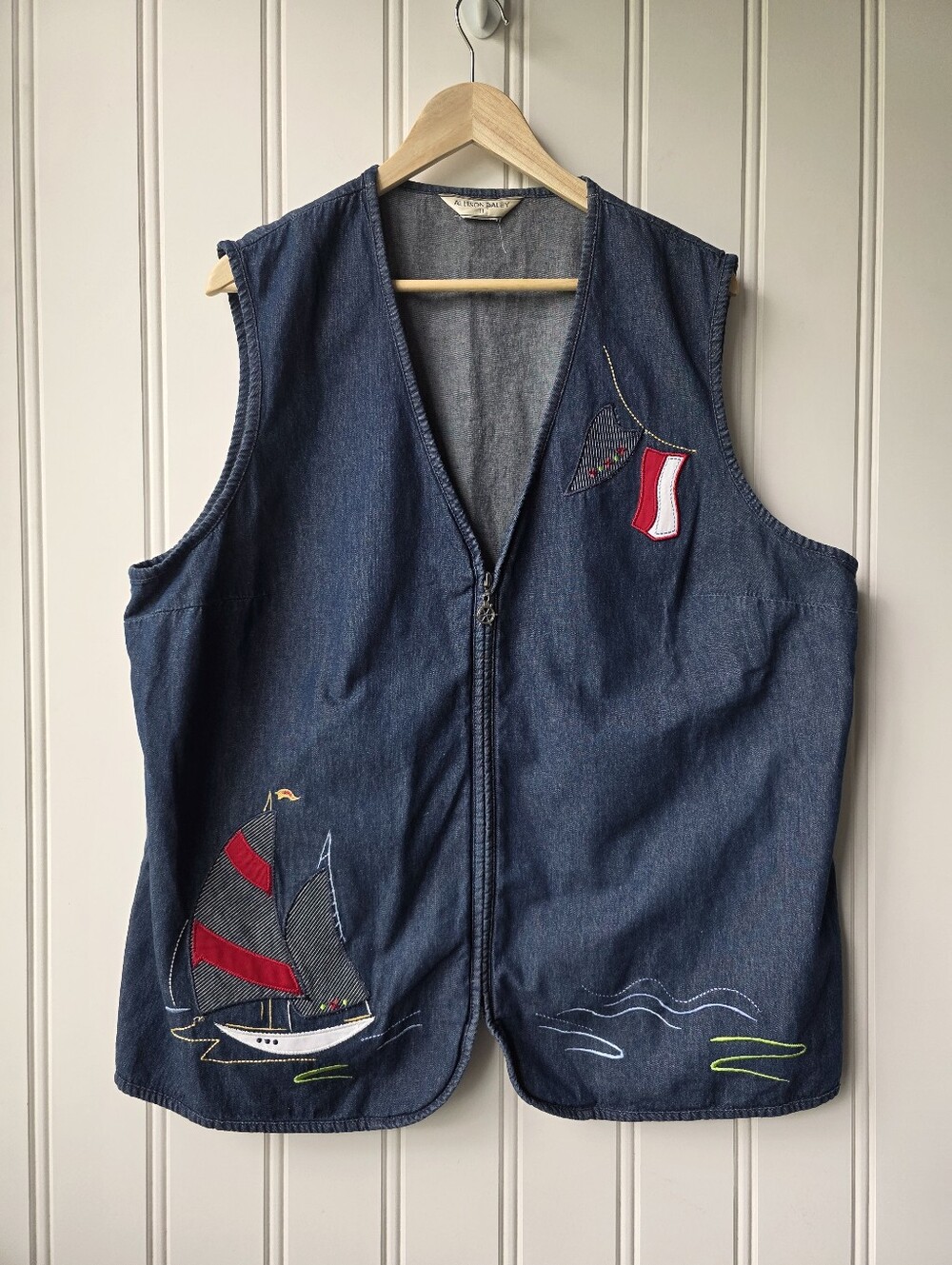 Vintage Allison Daley Nautical Sailboat Denim Embroidered Zip Up Vest 2X